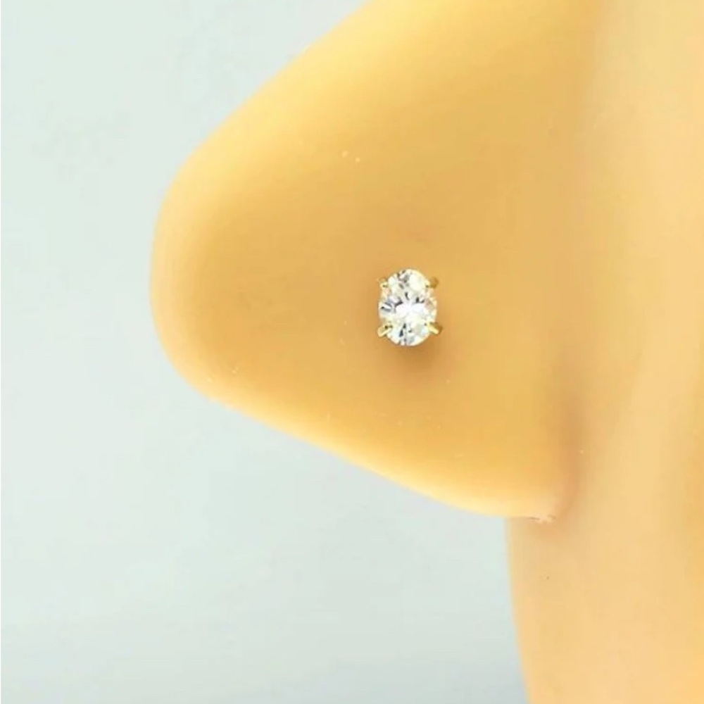 925 Sterling Silver large CZ OVAL stud nose pin ball ended straight prong 22g